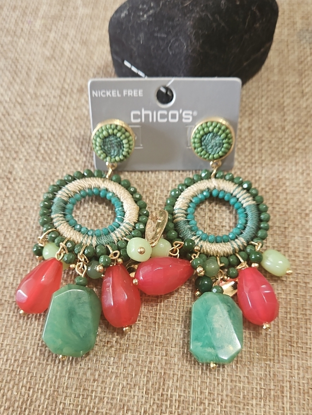 Chico's Green and Coral Beaded Hoop Statement Earrings